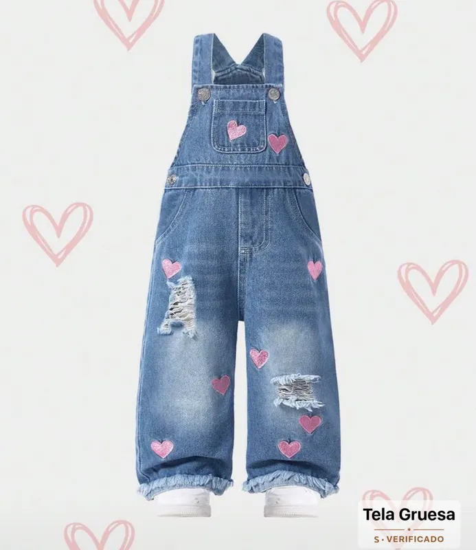Overol jeans corazones bordados